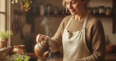 Femme versant une tisane au gingembre dans une cuisine chaleureuse - aliments anti-ballonnement