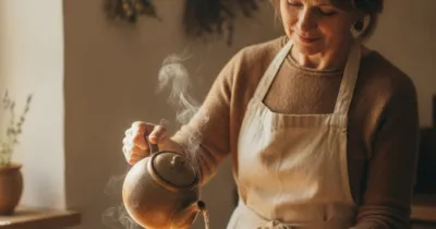 Femme versant une tisane de thym doré pour soigner une angine, cuisine chaleureuse de grand-mère