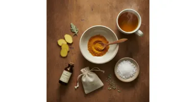 Arthrose remèdes naturels - curcuma, gaulthérie, harpagophytum et bains d'Epsom en flat lay