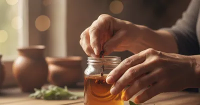 Gros plan sur les mains d'une femme préparant un bain de bouche naturel au clou de girofle dans un bocal en verre — recette de grand-mère
