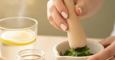 Gros plan main écrasant feuilles de menthe et clou de girofle dans un mortier pour remède bouche sèche