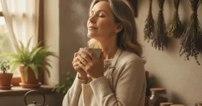 Femme dans sa cinquantaine tenant une tasse de tisane chaude contre sa gorge, cuisine chaleureuse, lumière naturelle du matin, atmosphère réconfortante