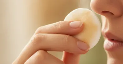 Gros plan des mains de femme appliquant délicatement un coton imbibé de camomille tiède près de sa narine, lumière naturelle douce