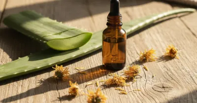 Remèdes naturels boutons fesses : aloe vera, huile essentielle et calendula sur planche en bois