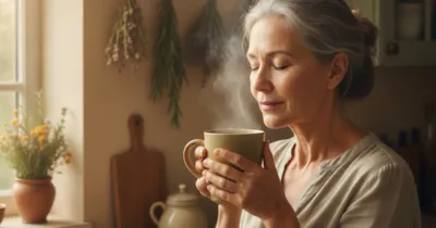 Femme respirant les vapeurs d'une tisane d'eucalyptus - remèdes naturels contre la bronchite