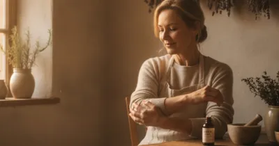 Femme massant son coude avec de l'huile d'arnica - remède naturel bursite
