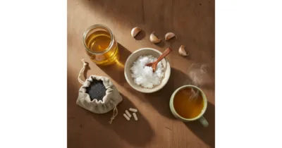 Candida albicans candidose intestinale - huile de coco, ail, vinaigre de cidre et probiotiques en flat lay
