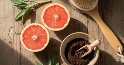 Remèdes naturels contre la cellulite - gommage café et brosse sèche sur planche en bois rustique