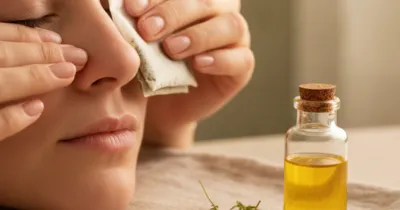 Gros plan sur des mains tenant une compresse chaude de camomille contre une paupière fermée, avec de l'huile de ricin à côté — remèdes naturels contre le chalazion