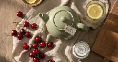Flat lay de remèdes naturels contre la goutte : cerises, citron, tisane d'ortie, bicarbonate sur surface rustique