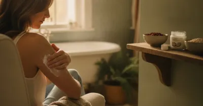 Femme appliquant un gommage naturel au sucre et huile de coco sur son bras — remèdes naturels contre la kératose pilaire
