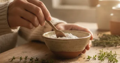 Mains d'une femme préparant un bain de bouche naturel au bicarbonate dans un bol en céramique, avec thym et clous de girofle - remèdes naturels contre la mycose buccale