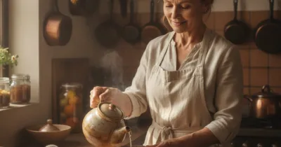 Femme versant une tisane de camomille pour soulager des crampes d'estomac, bouillotte sur la table, cuisine chaleureuse de grand-mere