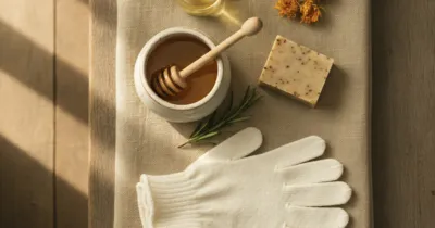 Flat lay de remèdes naturels contre les crevasses aux mains : beurre de karité, calendula, miel, huile d'amande douce et gants en coton sur une surface en bois rustique