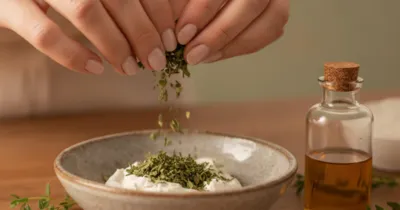 Mains préparant un remède naturel contre la dartre : huile d'arbre à thé et vinaigre de cidre