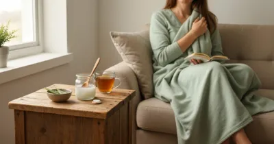 Femme assise confortablement sur un canapé avec couverture douce, remèdes naturels sur table de chevet — huile de coco, aloé vera et tisane camomille pour apaiser les démangeaisons intimes