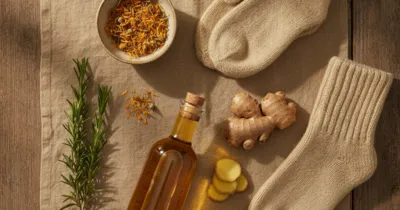 Remèdes naturels contre les engelures : romarin, calendula, gingembre, vinaigre de cidre, gants en laine sur table rustique