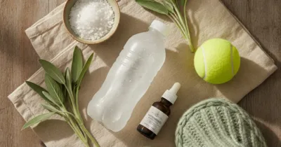 Flat lay vue du dessus : bouteille d'eau congelée, feuilles de sauge, bol de sel d'Epsom, balle de tennis et chaussons en laine sur nappe beige pour remèdes fasciite plantaire