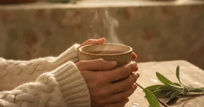 Gros plan sur les mains d'une femme tenant une tasse de tisane de sauge, remède naturel pour les fuites urinaires
