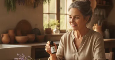 Mise en situation : Mamie tient une petite bouteille d'huile essentielle de tea tree a cote d'un bol de lavande fraiche et d'un linge doux, cuisine de campagne chaleureuse