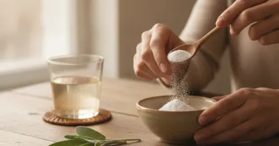 Mise en situation : mains préparant un remède naturel contre la gingivite avec bicarbonate et sauge sur surface boisée