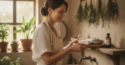 Femme dans sa salle de bain préparant une tisane de camomille et des remèdes naturels pour l'herpès génital