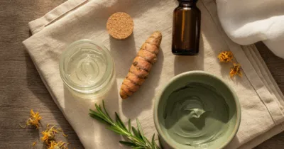 Remèdes naturels pour kyste sébacé : argile verte, tea tree, aloe vera, hamamélis, curcuma sur surface rustique