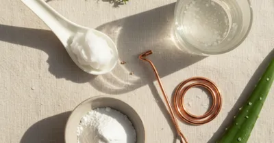 Remèdes naturels contre la langue blanche : gratte-langue, huile de coco, bicarbonate, thym et aloe vera disposés en flat lay
