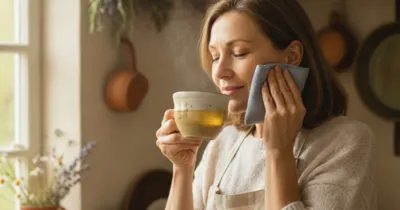Femme dans une cuisine cozy buvant une tisane apaisante avec une compresse froide contre sa joue pour calmer la langue qui brûle