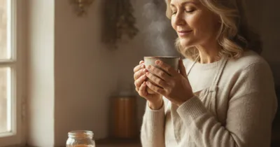 Femme tenant une tasse de tisane gingembre-citron-miel fumante pour apaiser une laryngite et retrouver sa voix