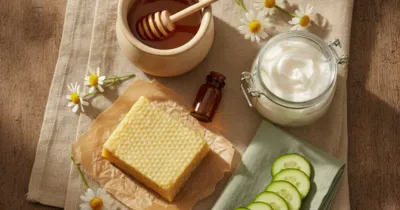 Flat lay de remèdes naturels pour lèvres gercées : miel, cire d'abeille, karité, camomille et concombre sur surface rustique
