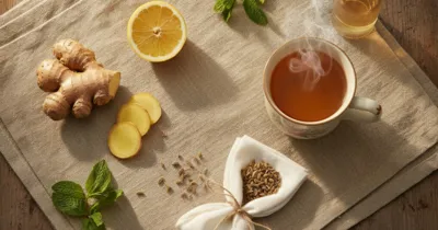 Remèdes naturels contre le mal des transports : gingembre, citron, menthe fraîche et tisane citron-gingembre sur une table rustique