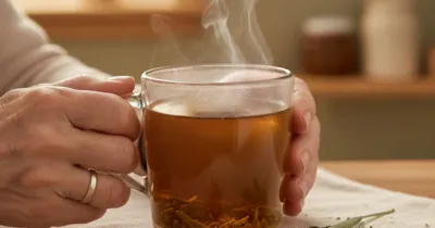 Détail geste main : mains tenant une tasse de tisane de sauge, feuilles de sauge et graines de lin, lumière chaleureuse de cuisine de grand-mère