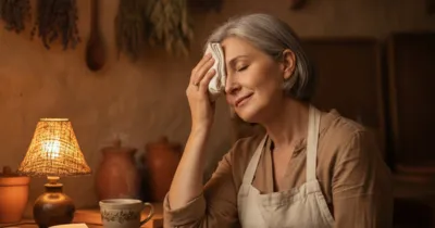 Femme dans une cuisine cozy appliquant une compresse froide sur son front pour soulager une migraine ophtalmique