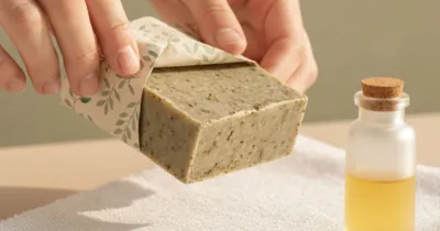 Gros plan sur des mains tenant du savon naturel au tea tree et une fiole d'huile essentielle, remède naturel contre la mycose de l'aine chez l'homme