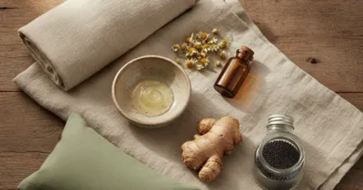 Ingrédients naturels pour soulager la névralgie cervicale : arnica, huile essentielle de gaulthérie, gingembre, camomille et compresse chaude en flat lay