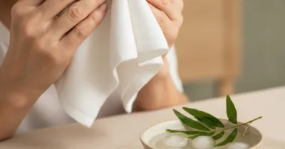 Mains d'une femme tenant une compresse froide humide près de l'arête du nez, bol d'eau glacée et brins d'hamamélis posés sur une serviette en lin beige