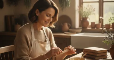 Femme dans la cinquantaine limant doucement ses ongles striés à la table de cuisine, huile d'amande dans un bol en céramique