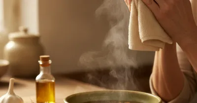 Otite remèdes de grand-mère - mains tenant une compresse tiède sur l'oreille, remèdes naturels sur la table