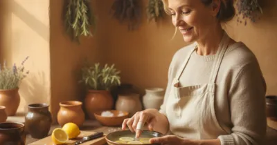 Femme trempant son doigt dans un bain d'eau salée avec citron pour soigner un panaris