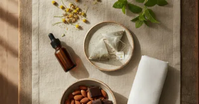 Remèdes naturels contre paupière qui saute : camomille, huile de ricin, amandes et mélisse en flat lay