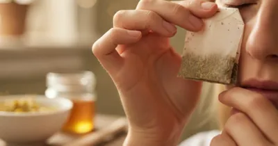 Mains tenant une compresse de camomille froide contre une paupière pour soulager le gonflement, ambiance chaleureuse et apaisante