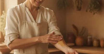 Femme appliquant un gommage naturel au miel et sucre sur peau seche qui pele