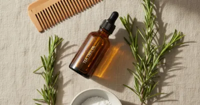 Remèdes naturels pellicules : tea tree, romarin et bicarbonate sur lin beige