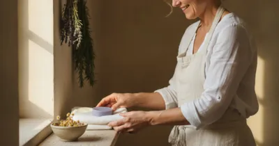 Femme préparant des remèdes naturels contre les pertes jaunes dans une salle de bain chaleureuse