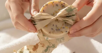 Gros plan mains déballant un savon naturel à la lavande et camomile, lumière chaude naturelle, ambiance intime et apaisante