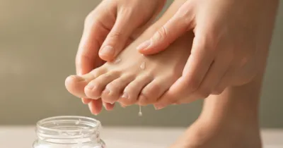 Mains appliquant de l'huile de coco entre les orteils - remèdes naturels contre le pied d'athlète