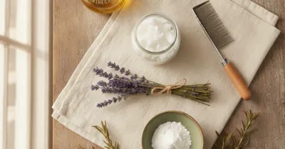 Remèdes naturels contre les poux : vinaigre de cidre, huile de coco, lavande, peigne fin et romarin sur surface en bois
