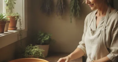 Femme préparant un bain de siège aux plantes pour soulager un prolapsus - remèdes naturels descente d'organe