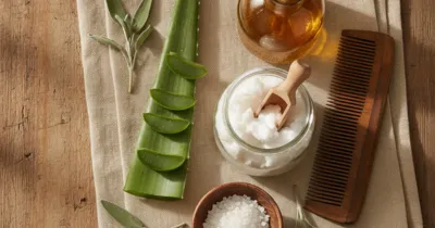 Remèdes naturels contre le psoriasis du cuir chevelu : aloe vera, huile de coco et vinaigre de cidre en flat lay